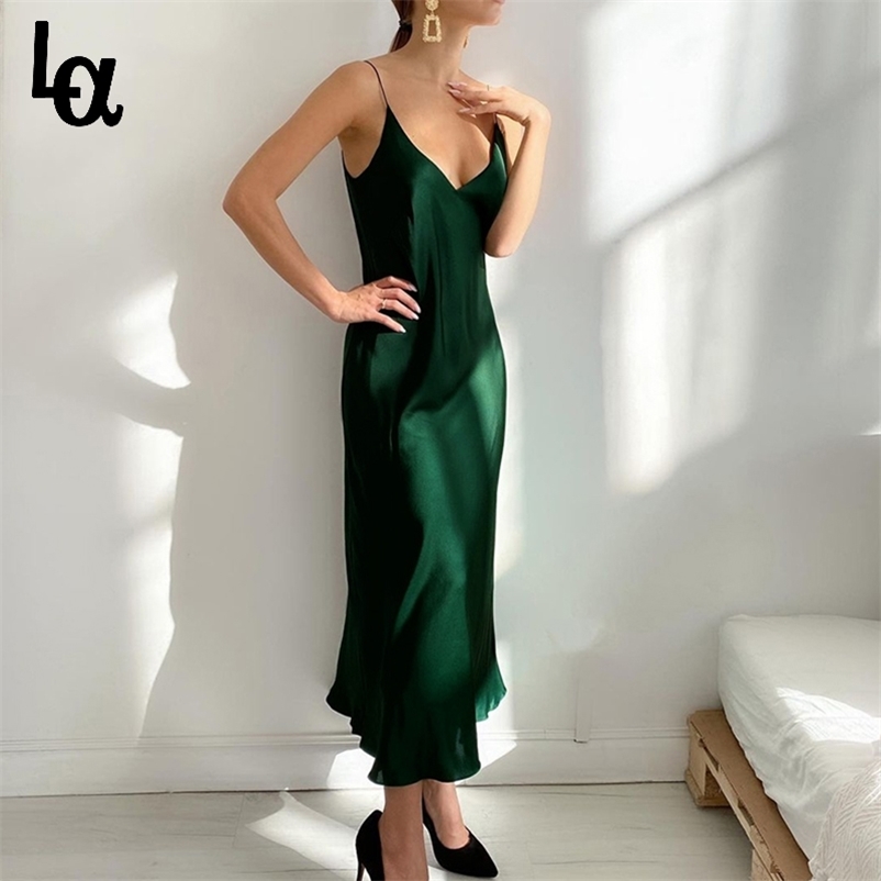 

Satin V-Neck Party Dress For Women Vintage Sleeveless Spaghetti Strap Long Summer Sexy Elegant Clubwear Vestidos 210519, Green