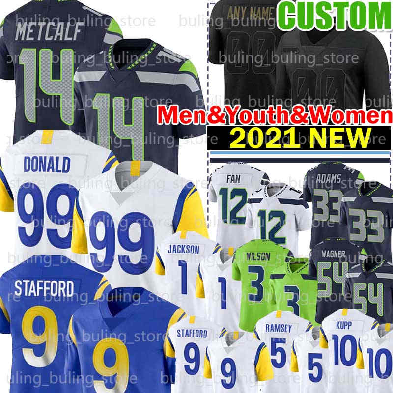 

14 DK Metcalf 99 Aaron Donald Football Jersey 9 Matthew Stafford 1 DeSean Jackson 3 Russell Wilson Cooper Kupp Bobby Wagner 5 Jalen Ramsey Robert Woods 12s Jamal Adams, Men jersey(g y)