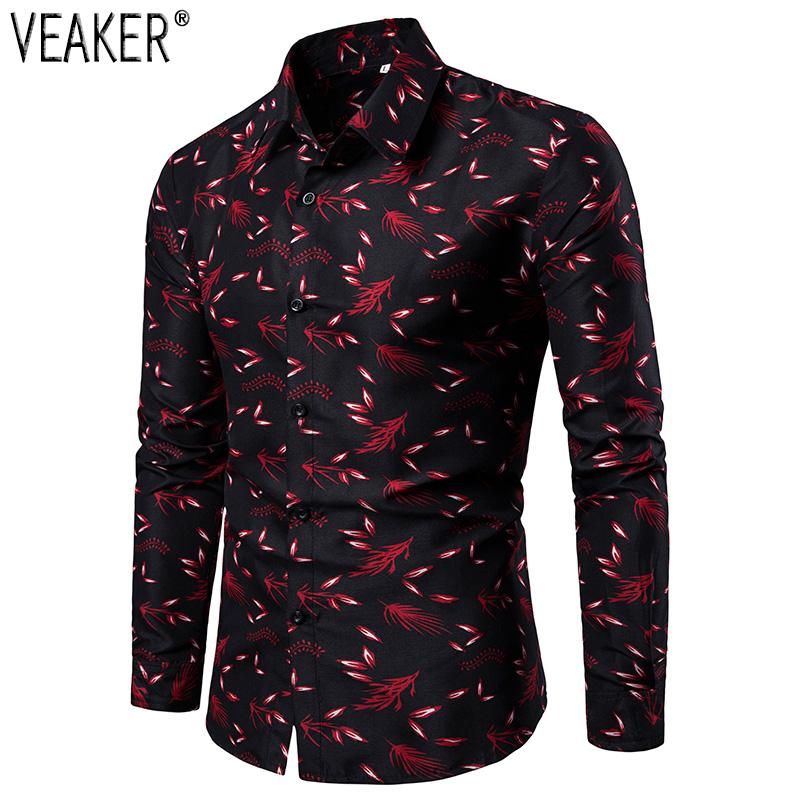 

Men's Casual Shirts 2021 Printed Male Slim Fit Long Sleeve Shirt Men Red Black Floral Print Plus Size -4XL