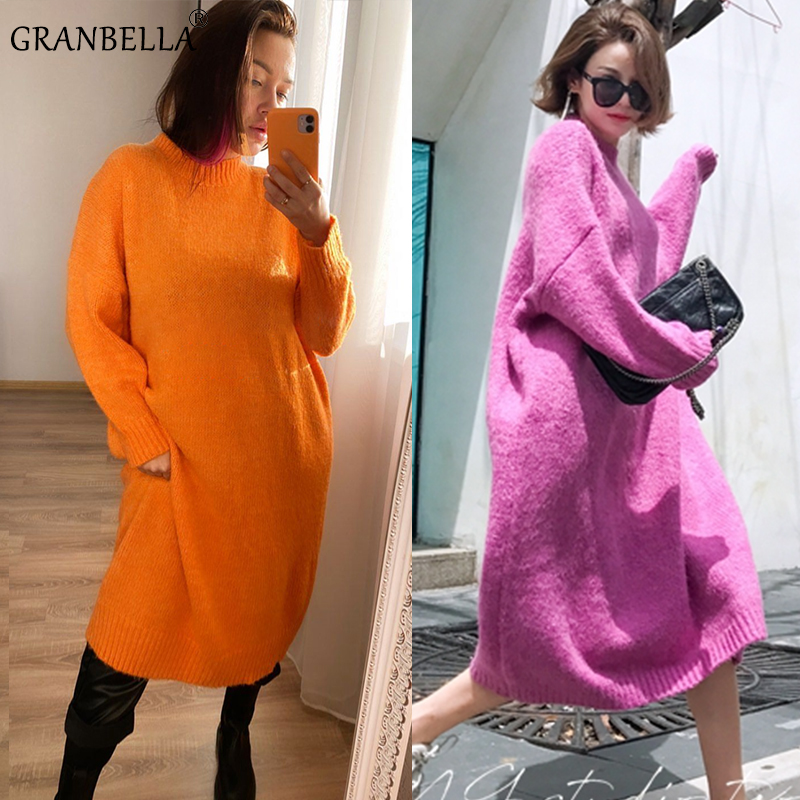 

Korean Loose Stand Collar Knitted Sweater Fashion Candy Color Womens Knitted Dresses Spring Female Long Pullover Sweaters, Pink