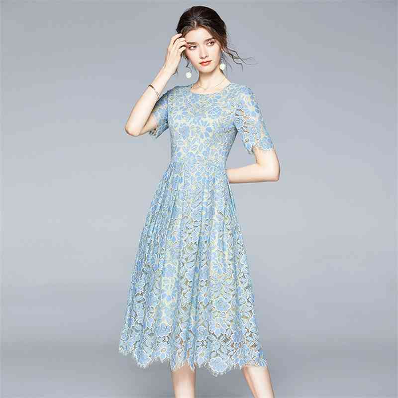 

Fashion Designer Summer Dress Women' Short Sleeve Vintage Elegant Floral Print Slim Lace Vestidos 210520, Photo color