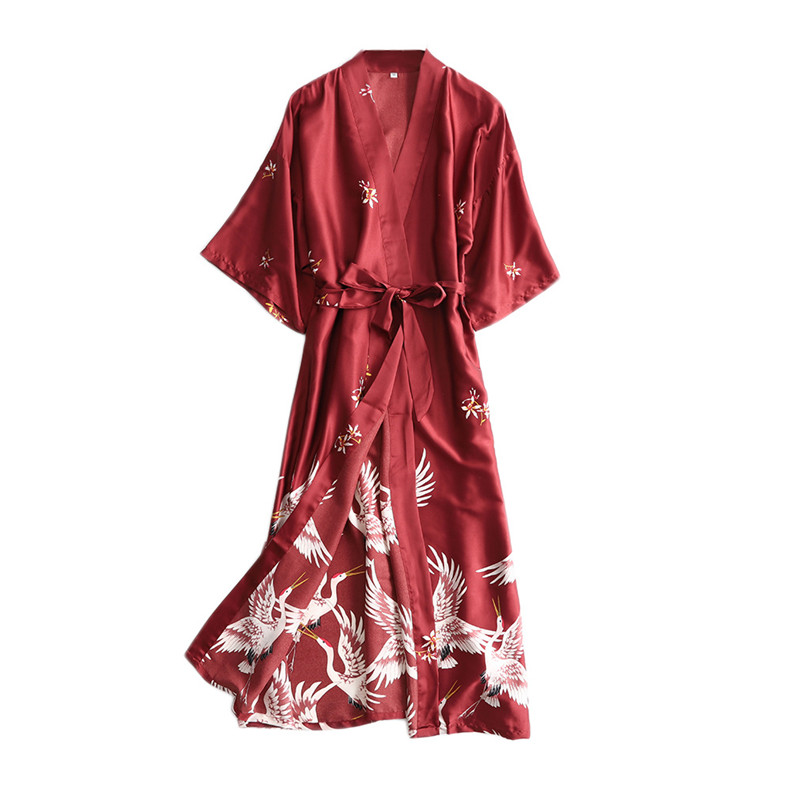 

Women Nightgown Sleepwear Silk Robe Sexy Kimono Bathrobe Night Dress, Red
