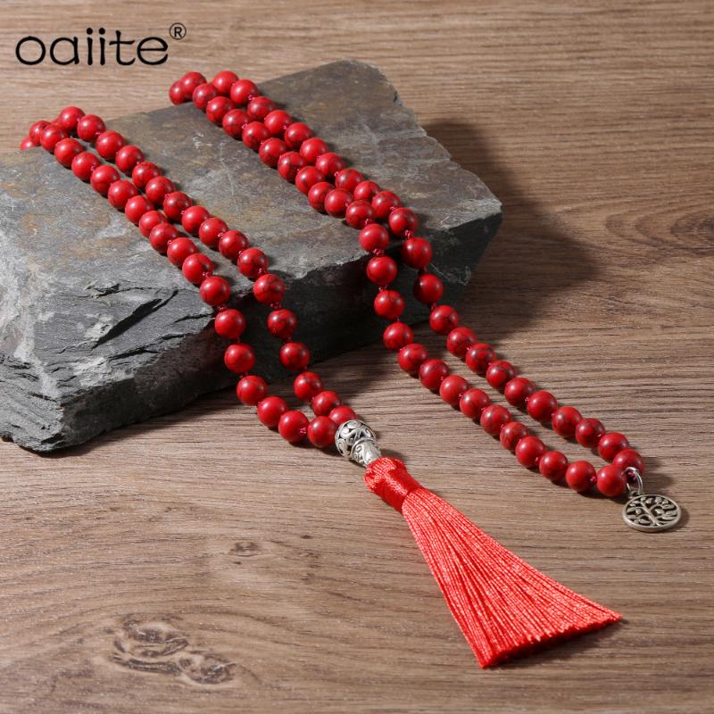 

Pendant Necklaces OAIITE 108 Beads Mala Necklace Handmade Tassel Jewelry For Unisex 8mm Red Turquoises Hand Knotted With, Silver