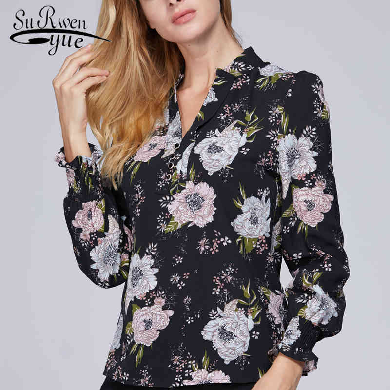 

long sleeves women tops and blouses fashion chiffon casual floral print shirts female clothes V neck blusa D556 30 210521, Black