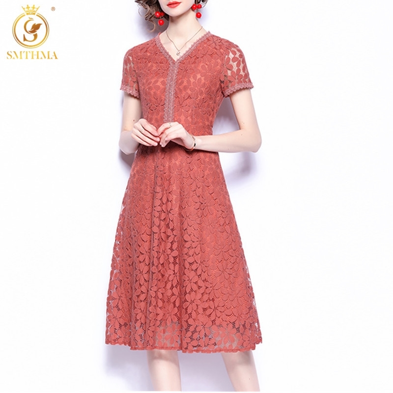 

Fashion Designer Lace Hollow Out Summer Dress Women' Short  Sleeve Elegant Ladies Dresses Vestidos 210520, Photo color