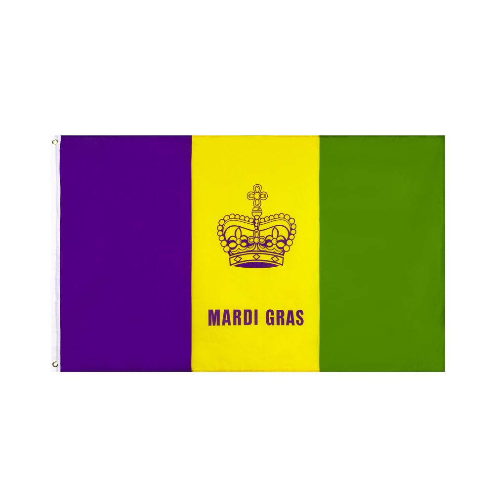 

Mardi Gras Flag Retail Direct Factory Wholesale 3x5Fts 90x150cm Polyester Banner Indoor Outdoor Usage Canvas Head with Metal Grommet