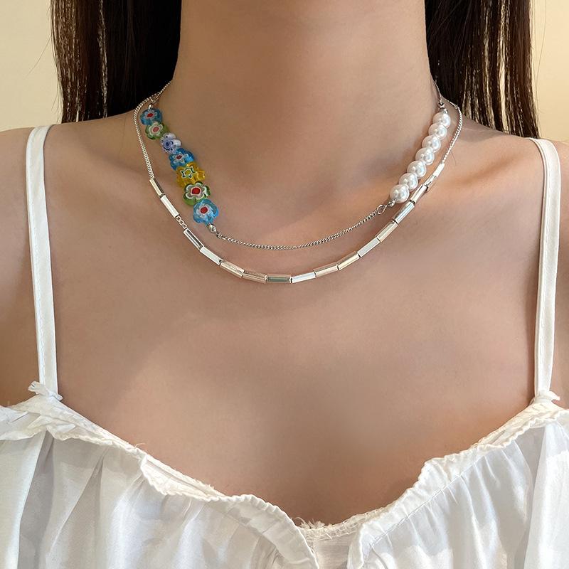 

Pendant Necklaces LISM Korean INS Pearl Acrylic Flower Removable Double-Layer Necklace Personality Hit Color Fashion Hip-Hop Clavicle Chain