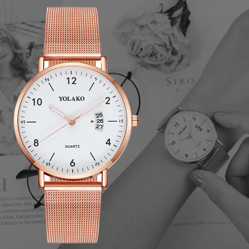 

Wristwatches YOLAKO Stainless Steel Mesh Belt Quartz Watch Large Window Single Calendar Month Unisex Fashion Metal Eye, Style- 3