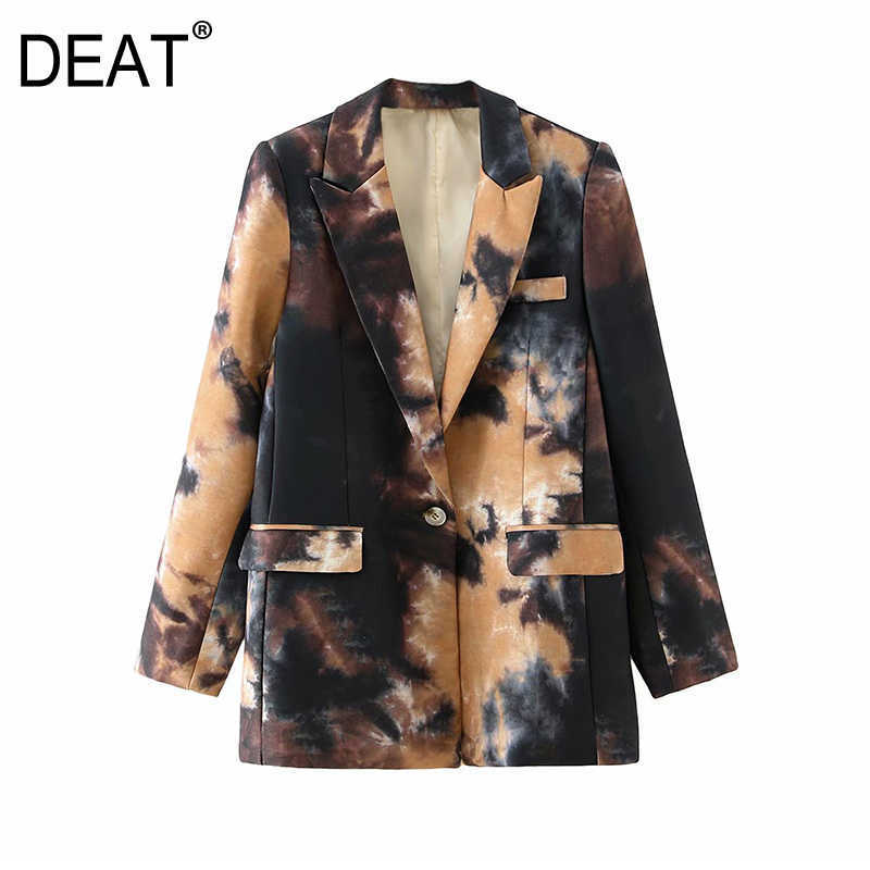 

[DEAT] Spring Autumn Fashion Coat V-neck Single Button Tie Dye Long Sleeve Temperament Loose Women Blazer 13U795 210527, As shown