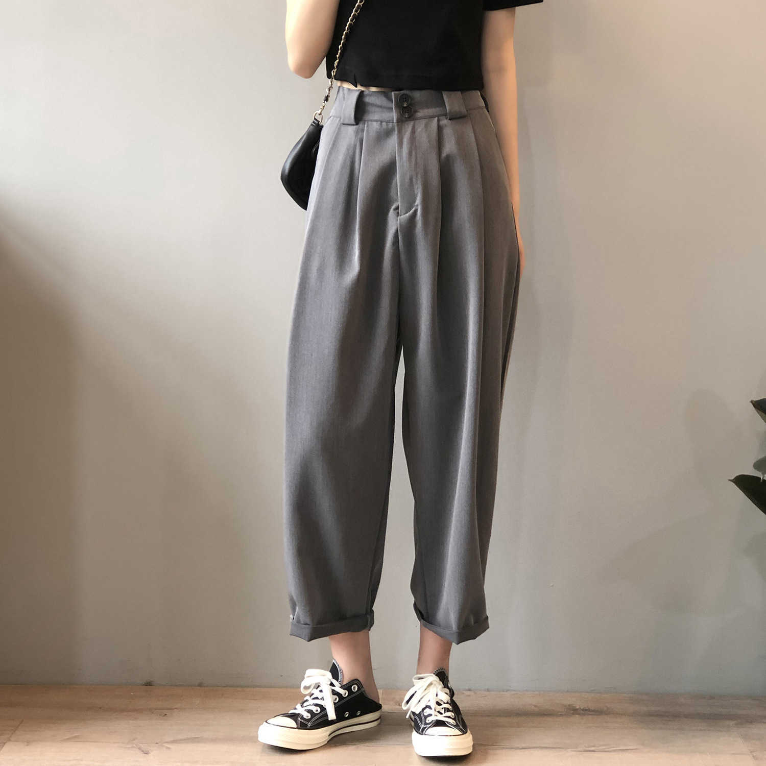 

Solid -Pant Summer Korean High Waist Loose Wide Leg Suit Pants 210607, Gray