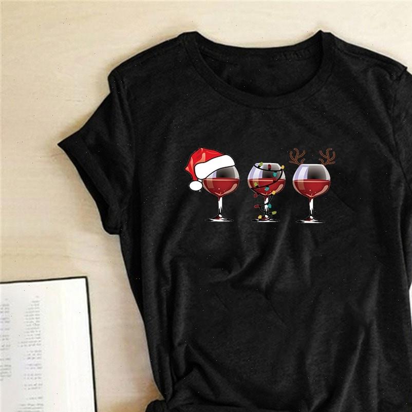 

wine glass printed short christmas womens t shirt pattern o neck sleeve ropa de casual ladies clothes camiset, White