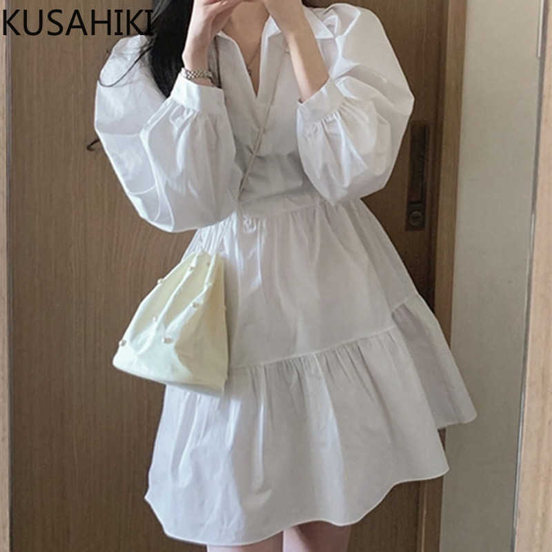 

KUSAHIKI Korean Chic Sweet Doll Dresses Turn-down Collar Puff Sleeve Women Dress Spring Causal A-line Vestidos 6G016 210602, White