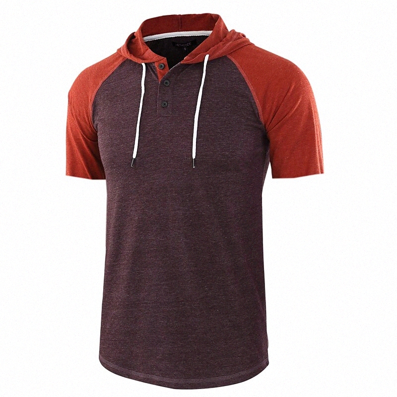 Men's T shirt Patchwork Hooded Casual Daily Drawstring Button-Down Short Sleeve Tops Lightweight Fashion Streetwear Slim Fit Black Army Green G