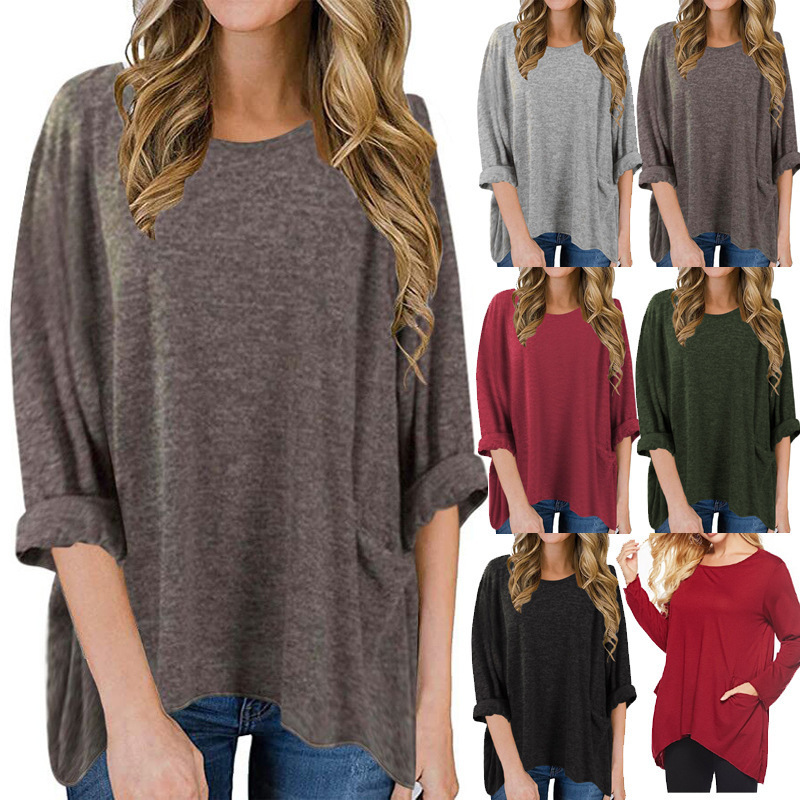 

autumn / winter 2020 new round neck pocket solid t-shirt long sve loose top, White
