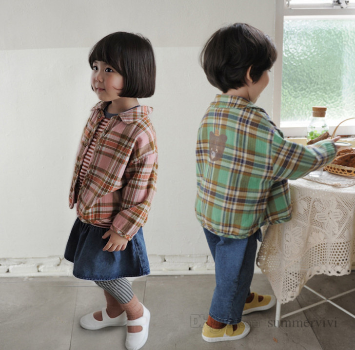

Kids plaid shirt girls rabbit bear printed casual tops children lapel long sleeve blouse autumn boys cartoon clothing Q2026, 7178 red plaid