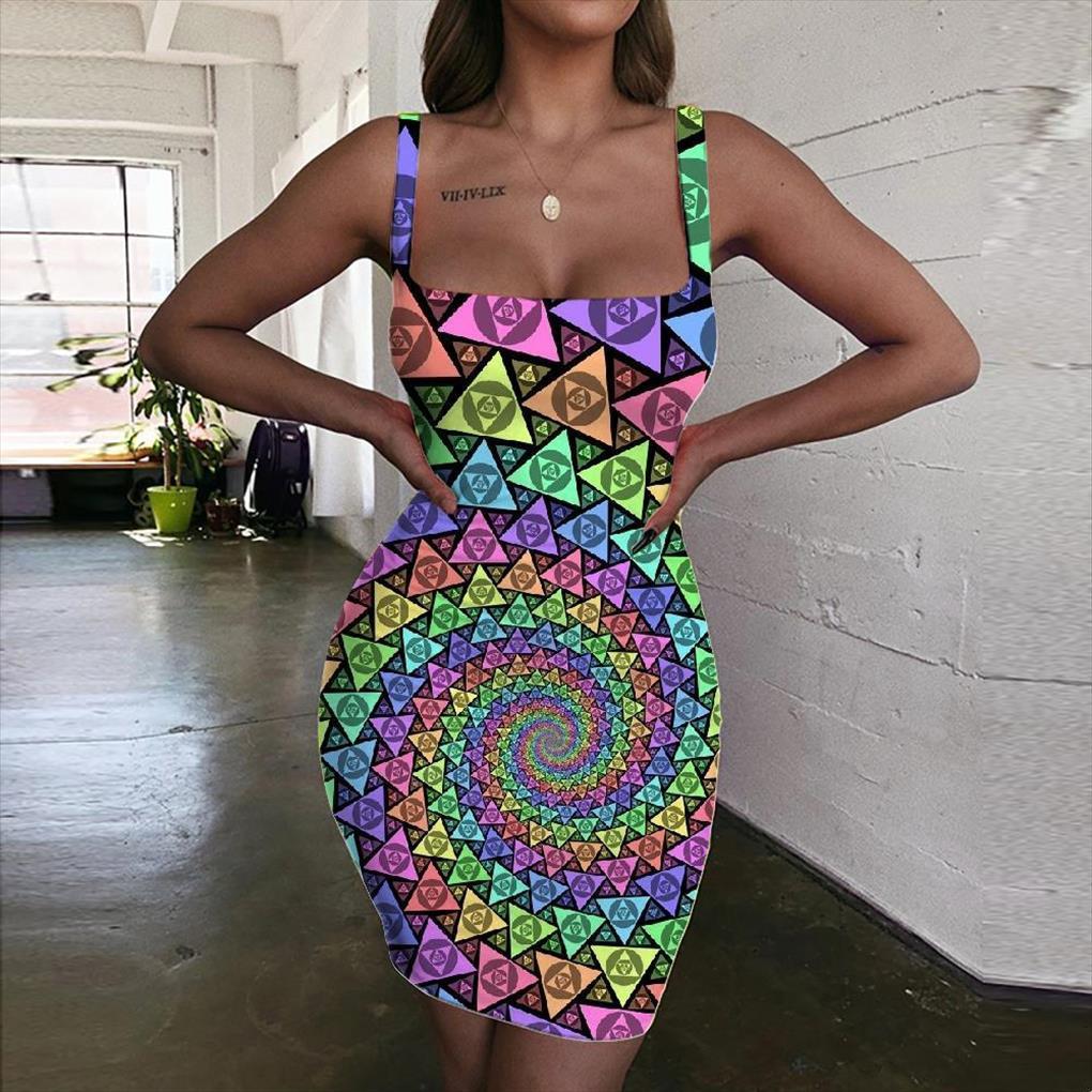 

brand geometric psychedelic 3d women dress print vortex bodycon triangle vestido womens clothing summer beach, Black;gray