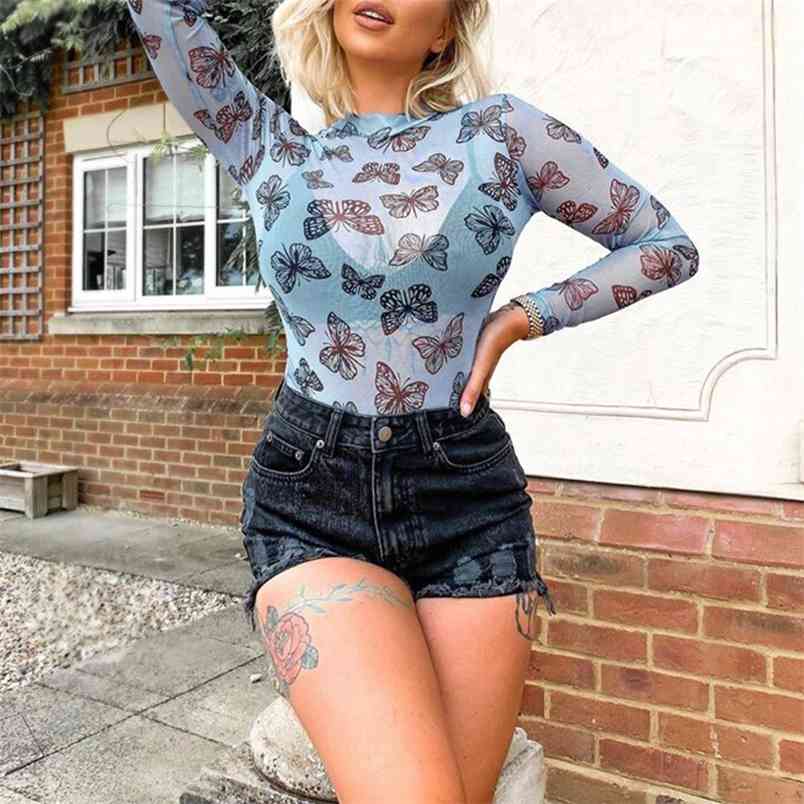 

BKLD Sexy Vintage Bodysuit Tops Mesh Sheer Full Sleeve Round Collar Blue See-through Skinny Women Jumpsuit 210517, Beige