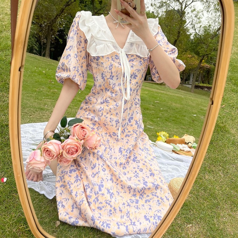 

Summer Sweet Ruffles Bow Peter Pan Collar Puff Sleeve Flower Print Chiffon Dress France Women Chic Slim Waist Casual Party Dress 210518, Photo color