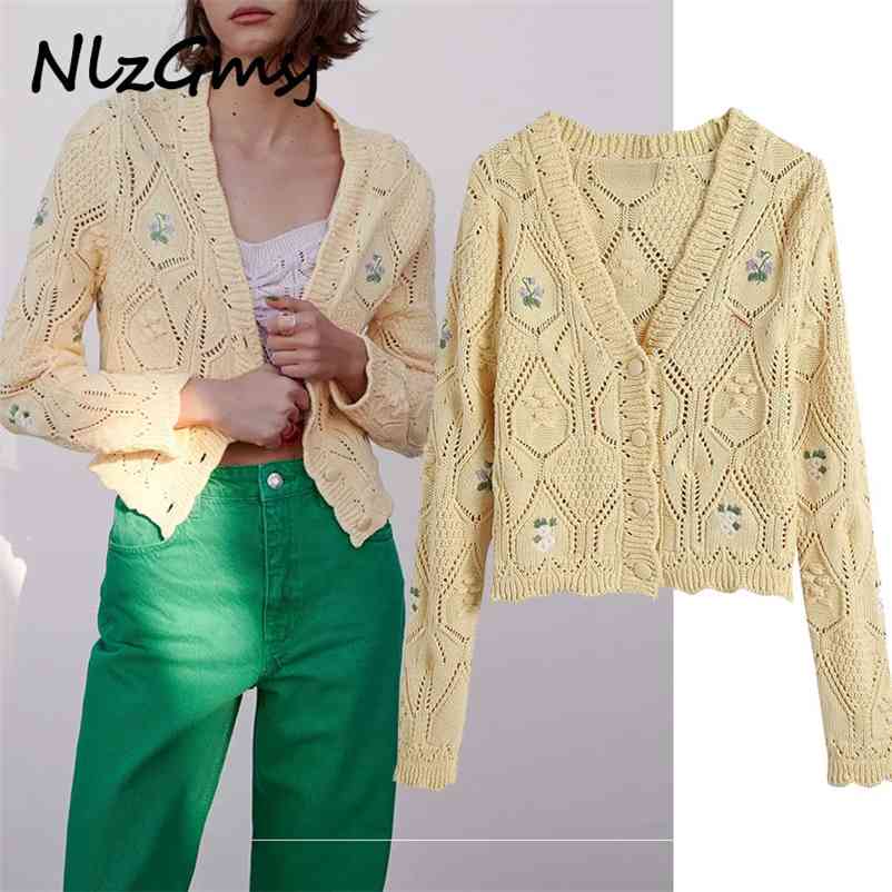 

Sweater Women Elegant Flower Emboridery Crop Cardigan Vintage Jumper Lady Fashion Knitted Coat 03 210628, As picture