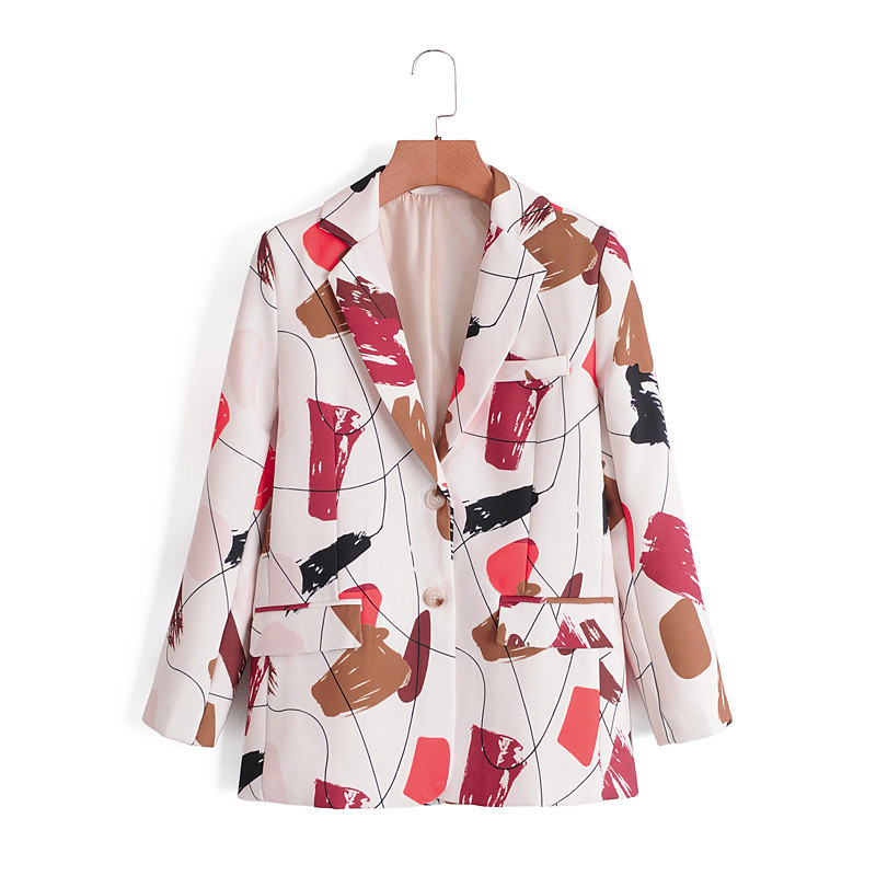 

Women's Suits & Blazers Autumn Stylish line Print Women Long Outwear Chic Lady Casual Single Breasted Sleeve Pockets Jacket Blazer, As photo