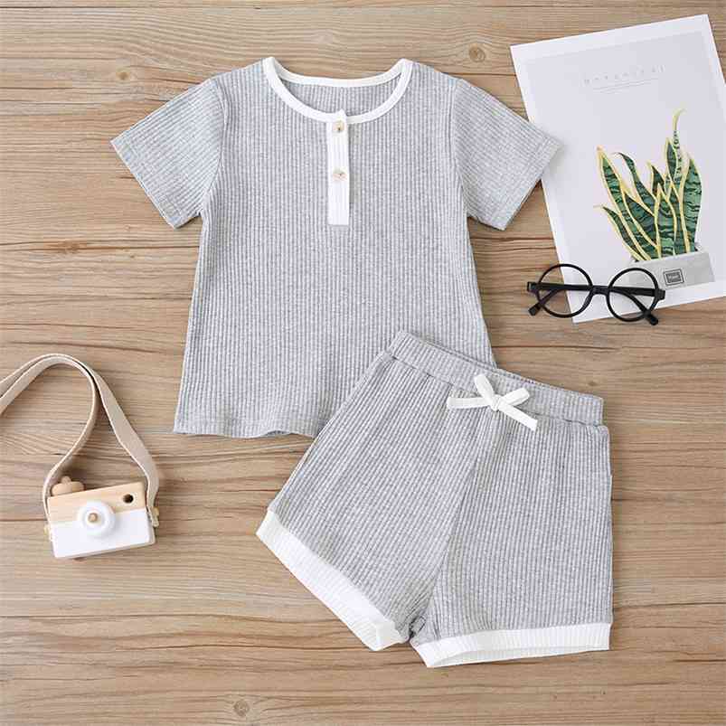 

Summer Children Sets Casual Short Sleeve Single Breasted T-shirt Striped Gray Shorts 2Pcs Girl Boys Clothes 1-8T 210629