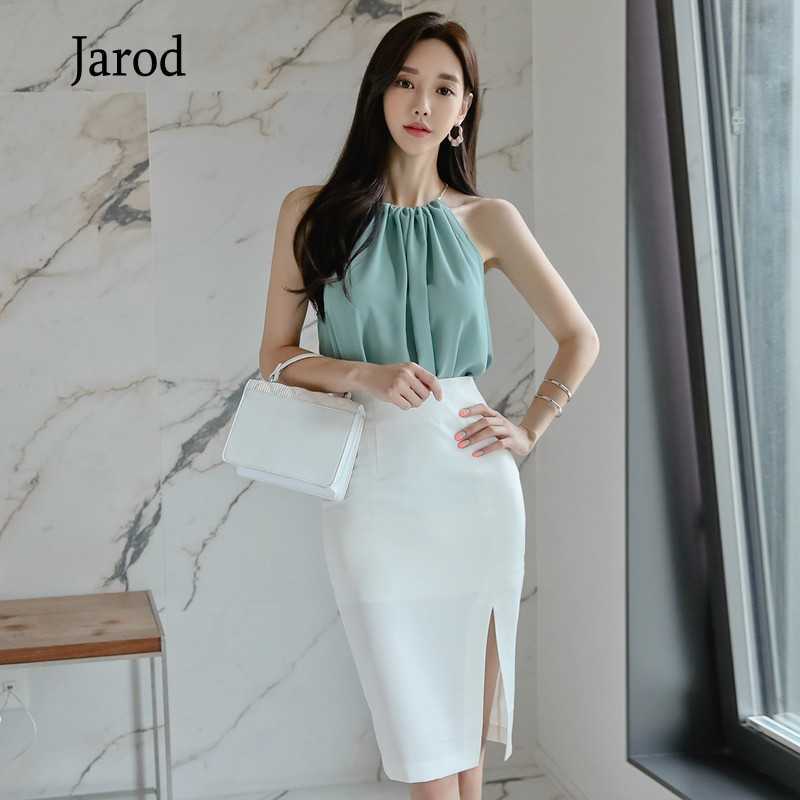 

Summer Halter Chiffon Vest Top Bodycon Midi White Skirt Two Piece Sets Sexy Party Suit Dress 210526, Picture color