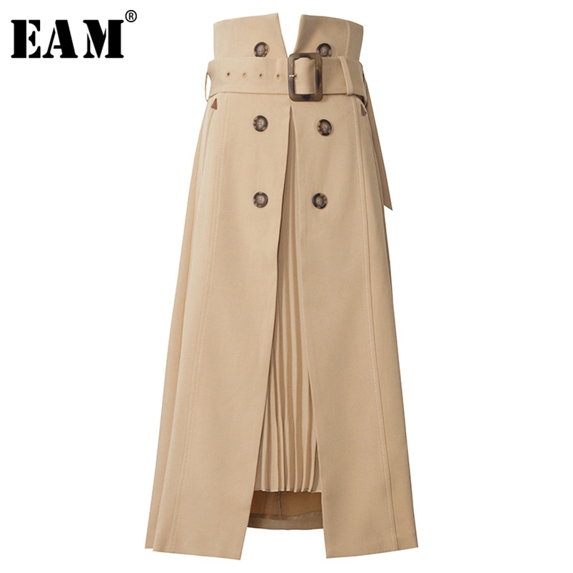 

[EAM] High Waist Brown Bandage Asymmetrical Pleated Temperament Half-body Skirt Women Fashion Spring Autumn 1S4 210721
