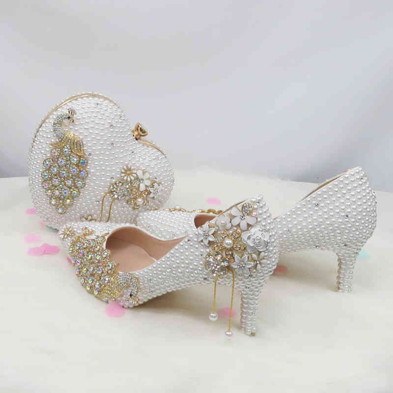 

dress shoes white pearl women wedding shoes with matching bags bride high thin heels pointed toe peacock ladies party shoe bag set, Black