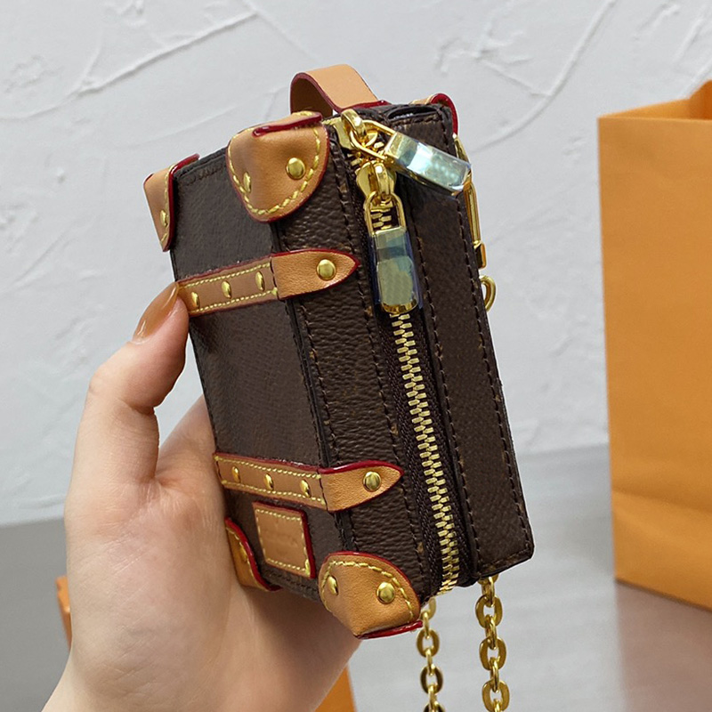 

Designer Women Case Box Coin Purses 2021s Paris Old Flower Printing Calfskin Trunk Purse Genuine Leather Crossbody Shoulder Bag Luxurys Designers Bags High Quality, Brown