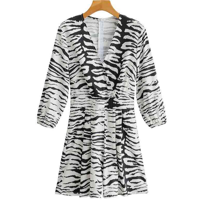 

Summer Women Sexy Rompers Deep V-neck Zebra patter Long Sleeve Playsuits Size  210524, Black