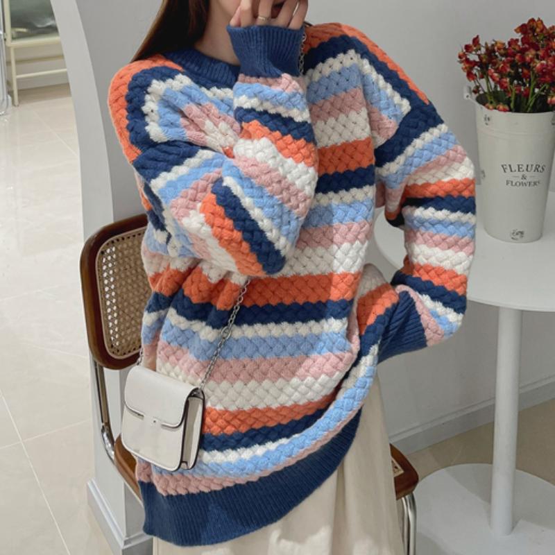 

Women's Sweaters Bornladies Autumn Kintted Stitching Color Strpied Pullovers For Women Loose Sweater Tops Winter Thicken Knitted Warm, White;black