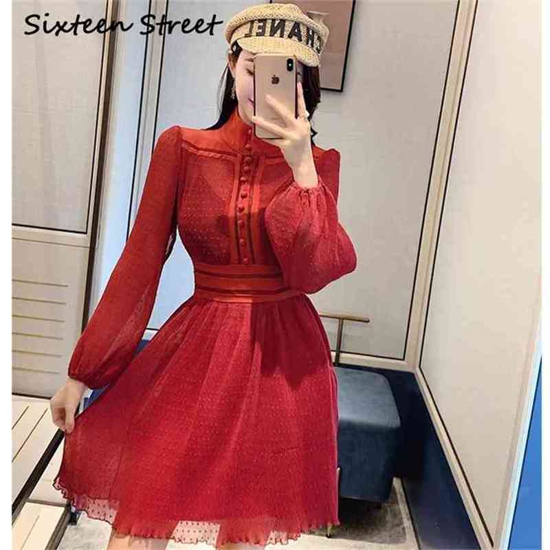 

Woman Dress Burgundy Long Sleeve Single-breasted Spring Polka Dots Lantern Pleated es Female Autumn 210603, Black