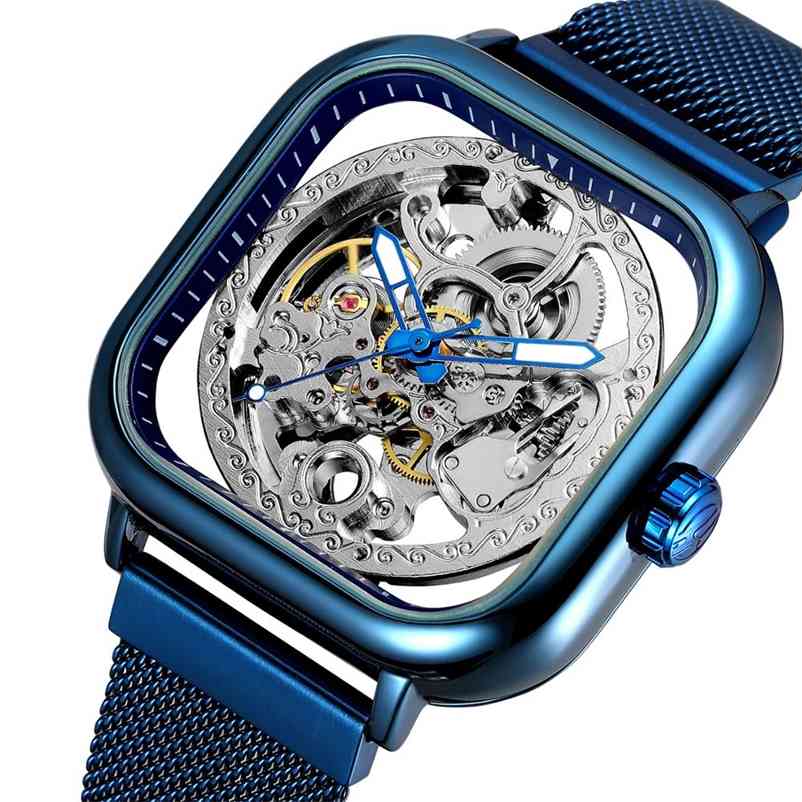 

Forsining Blue Automatic Square Men Watch Skeleton Mesh Stainless Steel Band Self-Wind Mechanical Wristwatch Relogio 210608, Bg