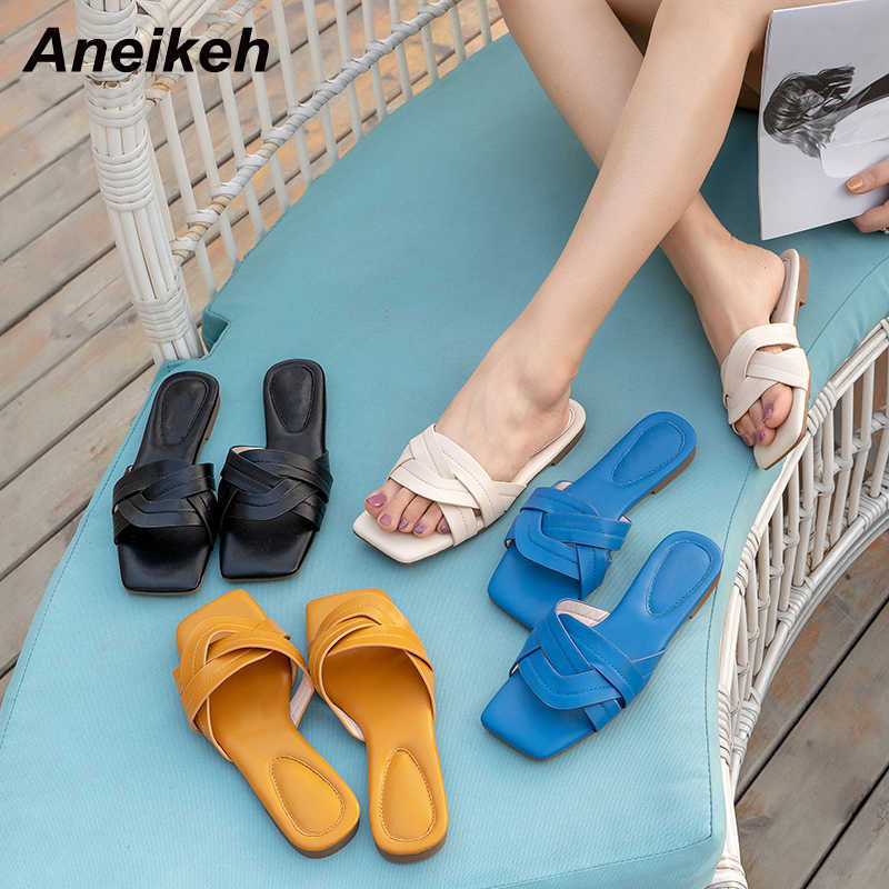 

Aneikeh Summer Women Outside Slippers Shallow Square Toe Concise PU Band With Woven Low Heels Ladies Daily Sandals Basic 210615, Blue