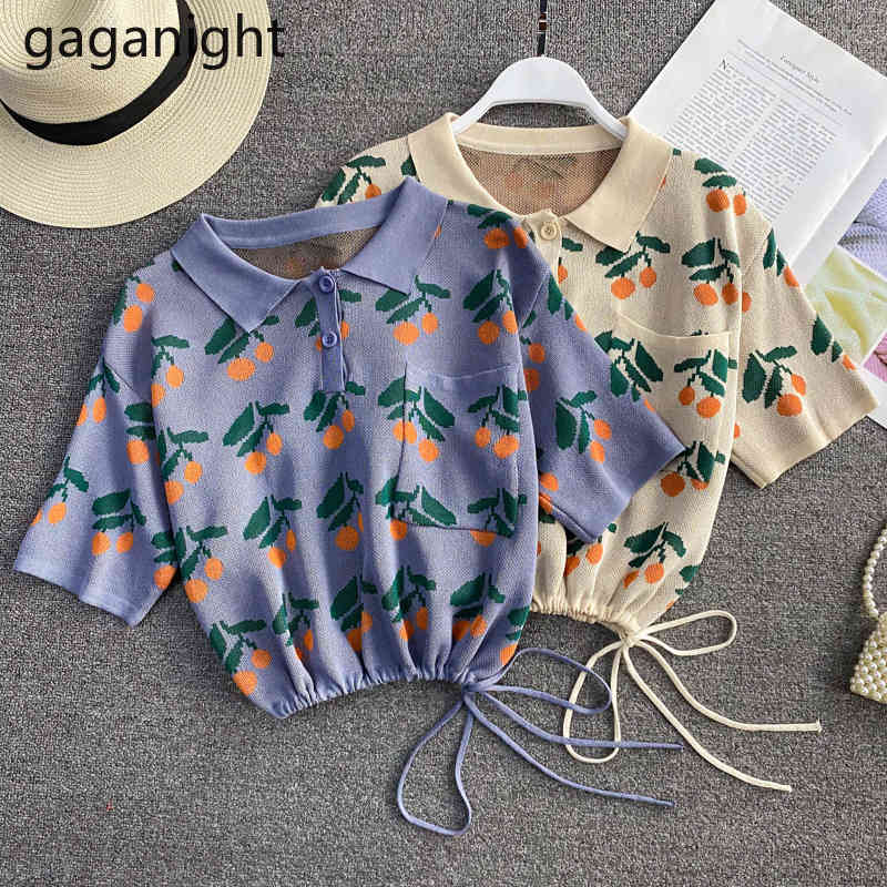 

Gaganight Summer Korean Women Knitted T-shirt Fashion Short Sleeve Turn-Down Collar Drawstring Bottom Floral Print Students Tops 210519, Royal blue