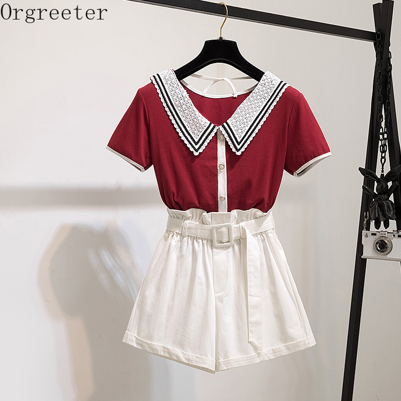 

Summer 2 piece Student Sets Women' Sweet Peter pan Lace collar Single-breasted Knitted Cropped Tops + Ruched Shorts Outfits 210525, White shorts