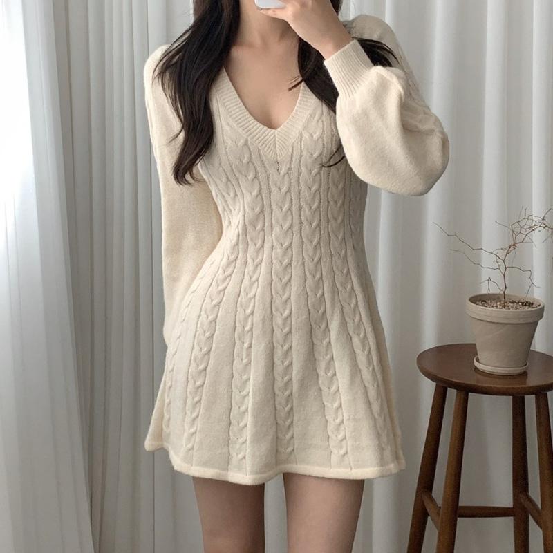 

Casual Dresses Autumn Winter Vintage Sexy Twist Slim Waist Knitted Mini Dress One-Piece Women Fashion Long Sleeve Sweaters Vestido, Black;gray