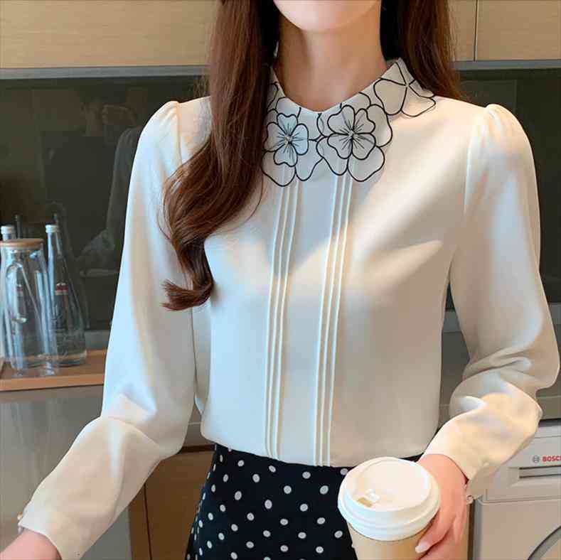

spring women elegant embroidered shirt female ol floral chiffon blouses mujer de moda femina blusas long sleeve white