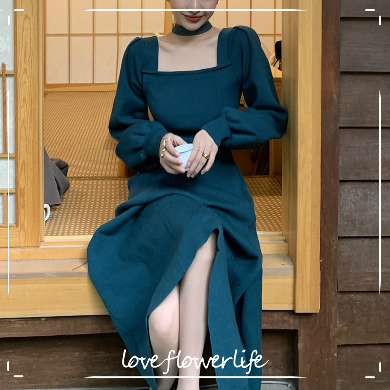 

Winter Vintage Dress Women Long Sleeve Elegant Office Knit Dress Female Square Collar Retro Sweater Dress Korean 210521, Apricot