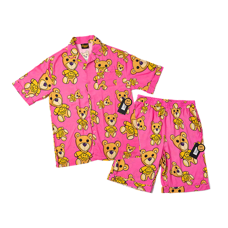 

Mens Tracksuits 2 Piece Sets Short Sleeve Shirt and Pants Set Caroon Bear Printed Summer Fashion Pink
