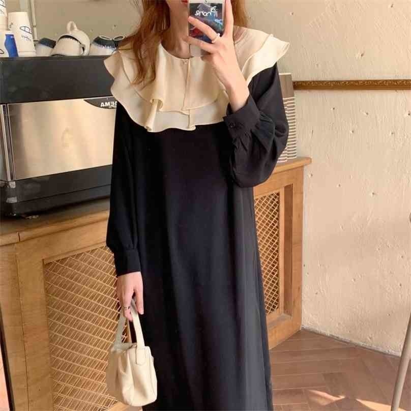 

Black Ruffles Color-Hit Office Lady Full Sleeves A-Line Casual Femme Spring Sweet Long Dresses Vestidos 210525