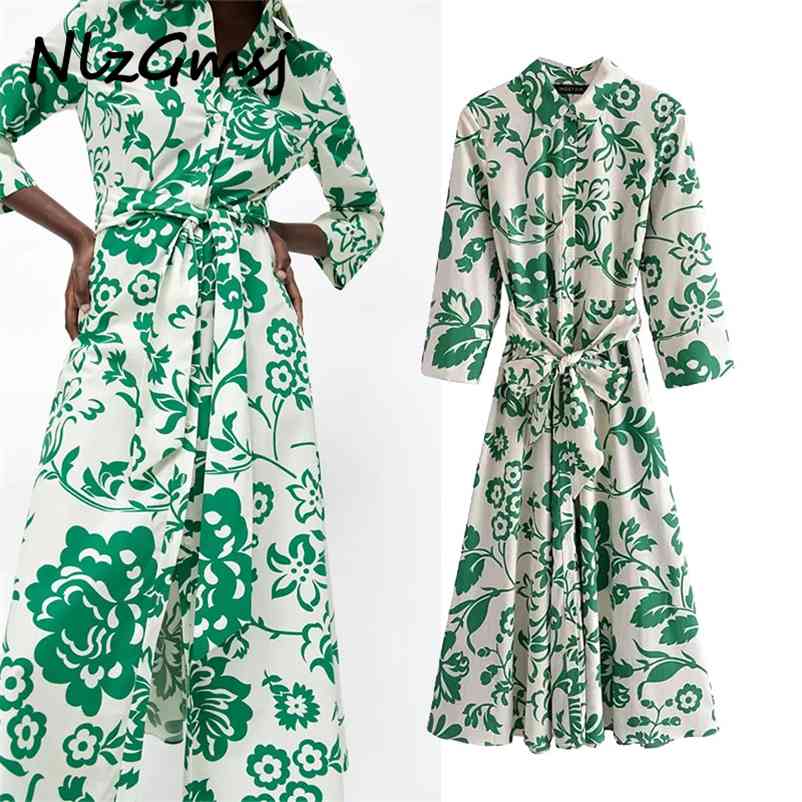 

Dres Fashion Green Floral Print Midi Long Sleeve Ladies Loose Shirt 06 210628, As picture