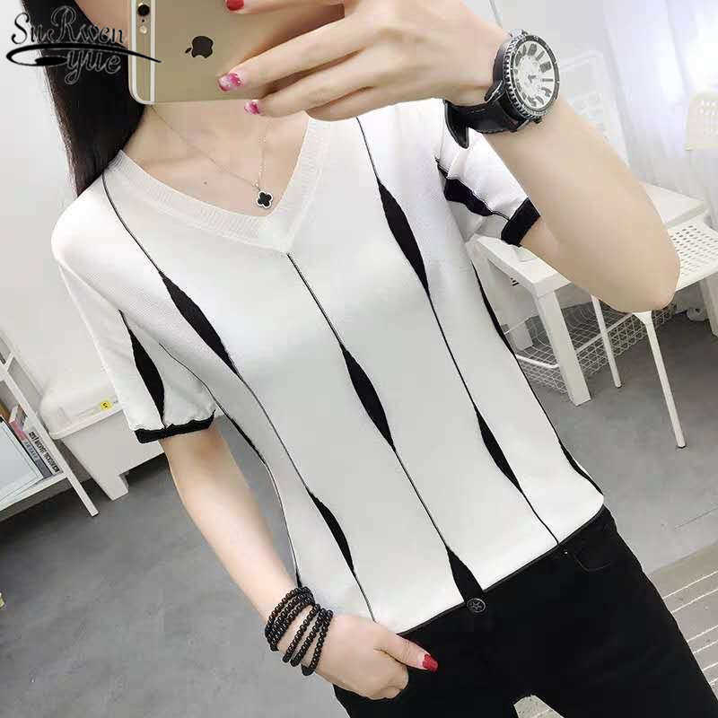 

Korean Summer Arrival Silk Patchwork Short Sleeve Woman's Shirt V-neck Knit Tops Fashion Female  Blusas Mujer 9801 210527, White