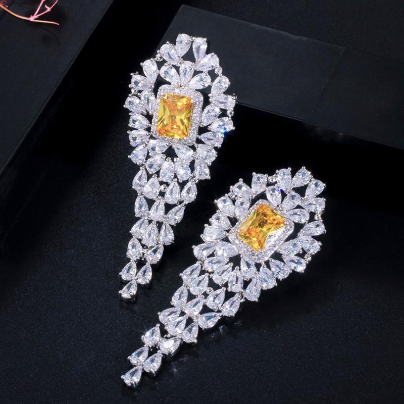 

Dangle & Chandelier ThreeGraces Luxury Yellow Cubic Zirconia Long Drop Bridal Wedding Engagement Earrings For Women Costume Jewelry ER228, Silver