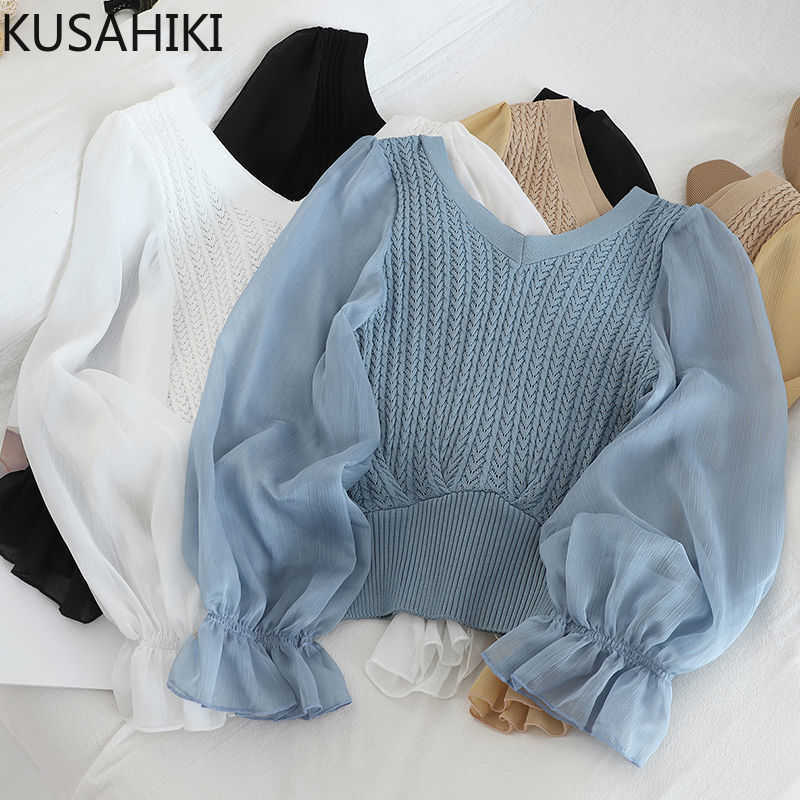 

KUSAHIKI Korean Sweet Puff Sleeve Patchwork Knitwear Causal V-neck Hollow-out Knitted Tops Spring Summer Slim Jumper 6G325 210602, Black