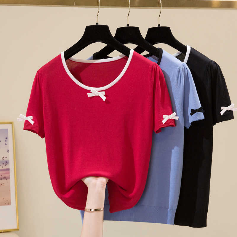 

L- plus size women summer thin sweater pullover female loose casual short sleeve o neck bow kint basic sweaters top 210604, Black