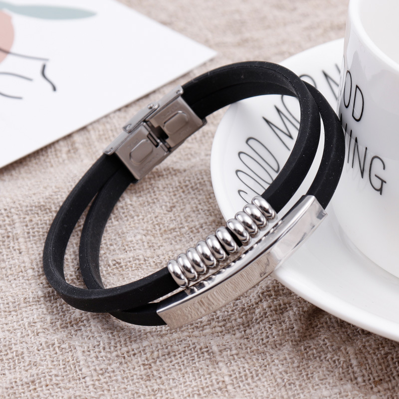 

Punk Style Silver Stainless Steel Charm Beads Silicone Bracelets With Custom Logo