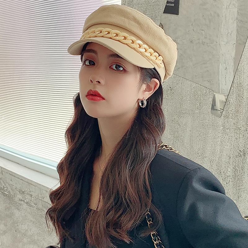 

Berets Fashion Artist PU Beret Female British Chain Octagonal Hat For Women Casual Cap Retro Beanie Caps, Black