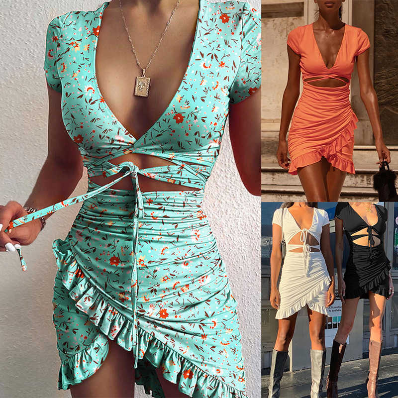 

Floral Fashion Bandage Wrap Summer Mini Dress Women Holiday Party Dresses Ruffles Sundress Ruched Short Sleeve Slim Robe 210528, Green