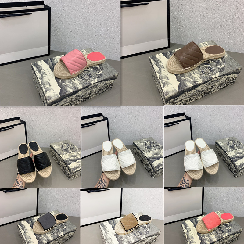 

G Women Slipper Luxury Designer Sandal Straw Shoes Leather Woven Rubber Flat Slippers Summer Sandals, Black